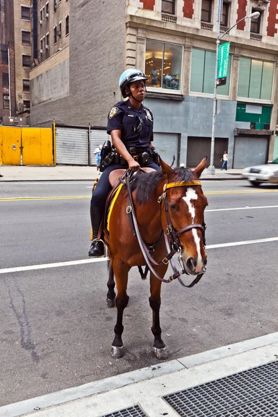 Полицейский едет на лошади в центр Нью-Йорка. — стоковое фото