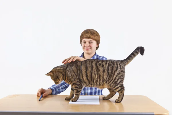 Slimme jongen leren voor school heeft een pauze en speelt met zijn kat — Stockfoto