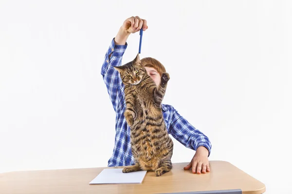 Slimme jongen leren voor school heeft een pauze en speelt met zijn kat — Stockfoto