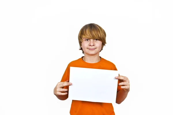 Smart boy has control over the empty poster — Stock Photo, Image