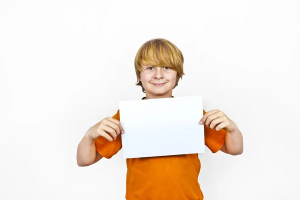 Smart boy has control over the empty poster — Stock Photo, Image