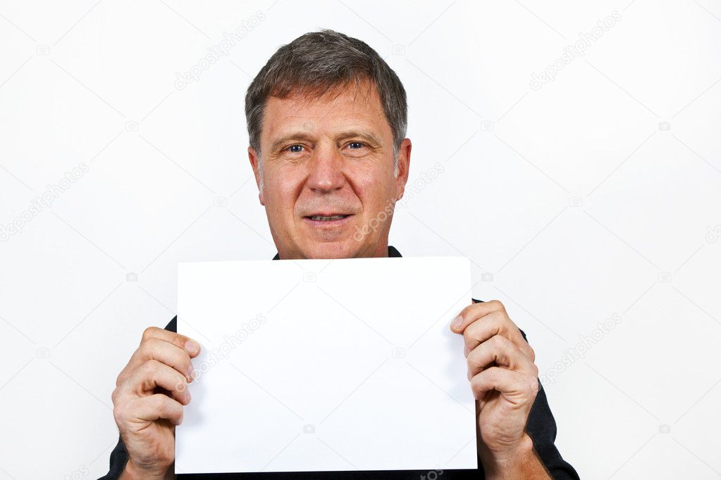 Smart man holding an empty poster in his hand