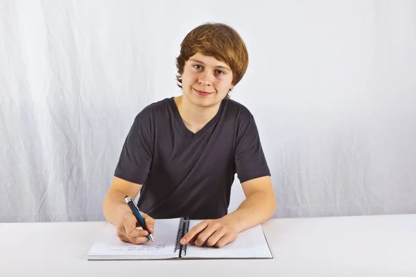 Aranyos tanuló csinál házi feladatot az iskolai — Stock Fotó