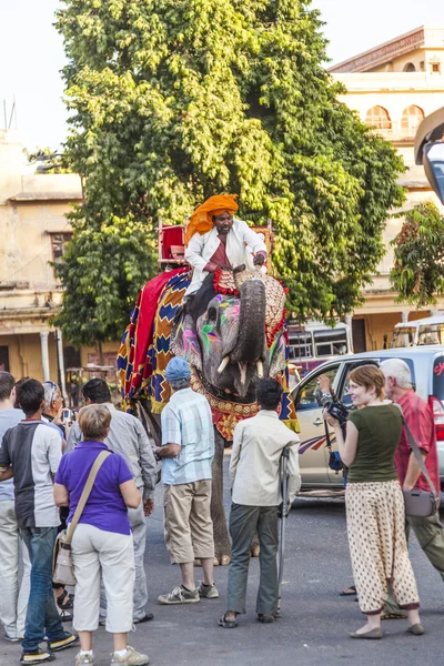 Elefante en el Fuerte de Jaipur con turistas — Foto de Stock