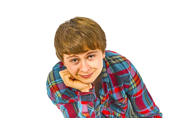 Happy boy in studio looking confident and smart with head on his — Stock Photo, Image