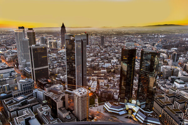 Aerial of Frankfurt am Main in the evening