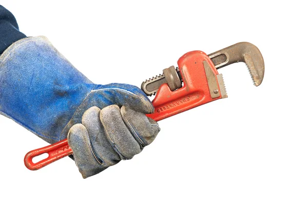 Man holding plumbers wrench — Stock Photo, Image