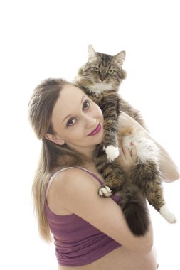 Woman holding, hugging her cat clipart