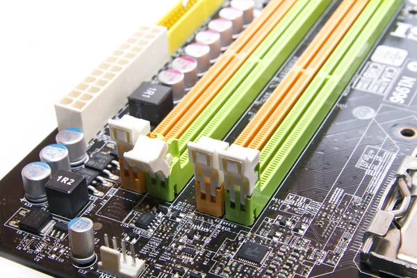 Colored memory slots on the PC motherboard — Stock Photo, Image