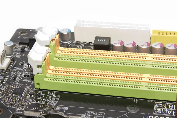 Colored memory slots on the PC motherboard — Stock Photo, Image