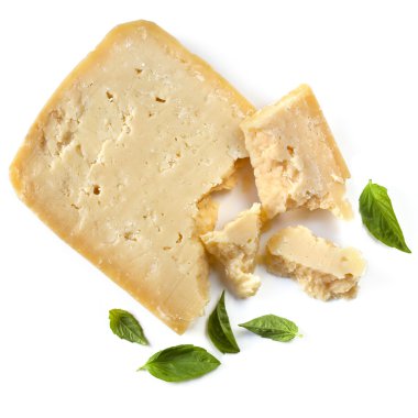 Parmesan Cheese with Basil Leaves Isolated clipart