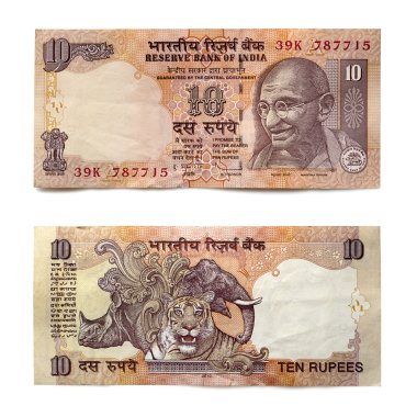 Indian Ten Rupee Note Front and Back over White clipart