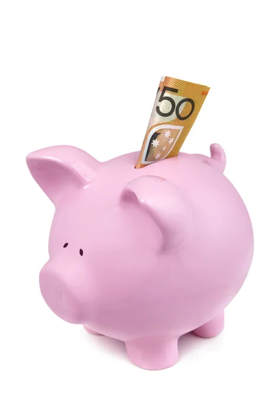 Piggy Bank con billete de cincuenta dólares australianos — Foto de Stock