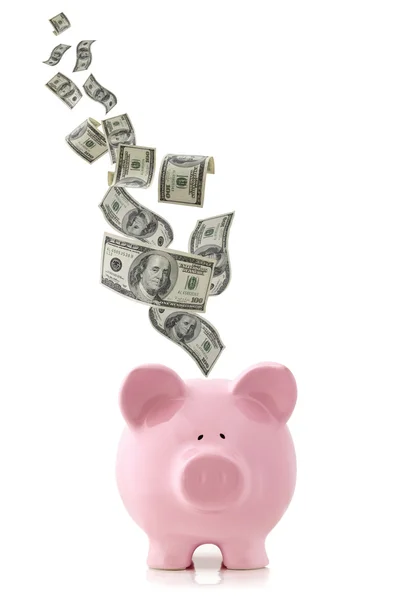 Geld fällt in Sparschwein — Stockfoto