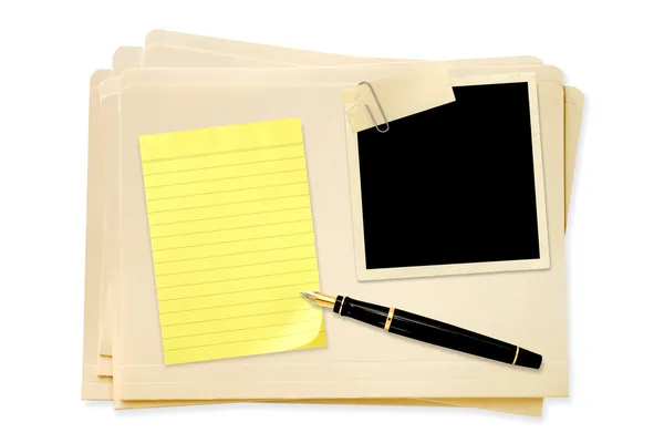 Files with Blank Photo Notepaper and Pen — Stock Photo, Image