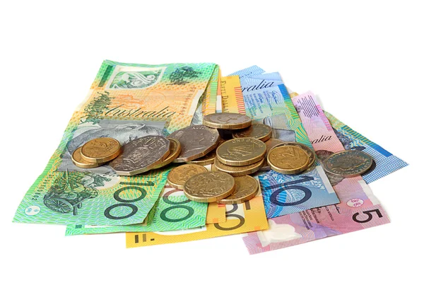 Notas de Dinheiro Australiano e Moedas em Fundo Branco — Fotografia de Stock