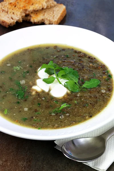 Sopa de lentilha verde com creme de agrião e torrada — Fotografia de Stock