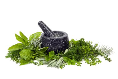 Mortar and Pestle with Fresh Herbs over White clipart