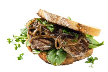 Steak Sandwith with Onions over White clipart