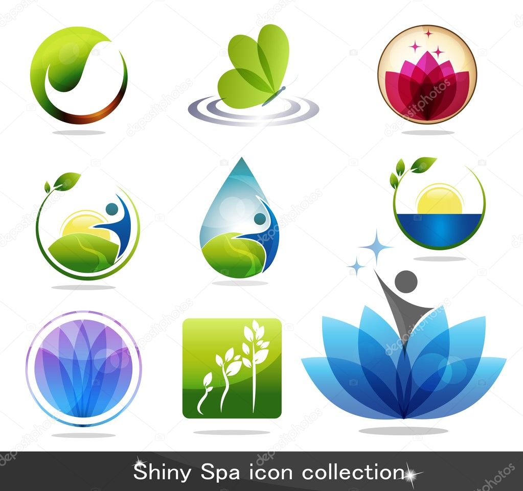 Beautiful spa icon collection, butterfly, flowers, foliage, drop and plant. Beautiful harmonic colors, can be used as company logo.
