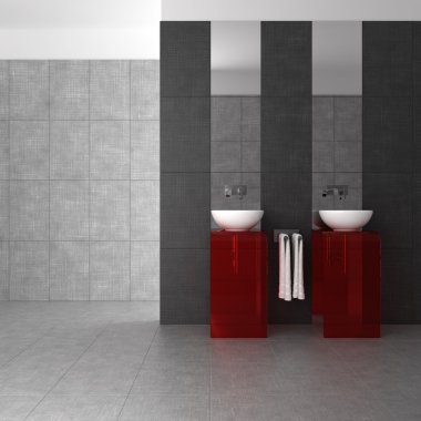 Çift lavabo ve Cam mobilyalar ile döşenmiş banyo