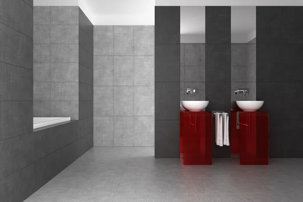 Betegelde badkamer met dubbele wastafel en bad — Stockfoto