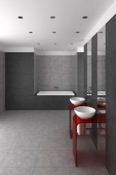 Betegelde badkamer met dubbele wastafel en bad — Stockfoto