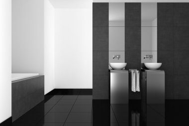 modern banyo çift lavabo ve siyah zemin