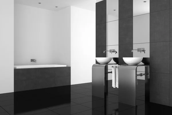 Modernes Badezimmer mit Doppelwaschbecken und schwarzem Boden — Stockfoto