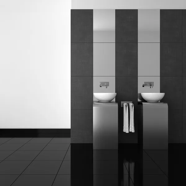 Bagno moderno con doppio lavabo e pavimento nero — Foto Stock
