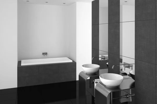 Moderne badkamer met dubbele wastafel en zwarte vloer — Stockfoto