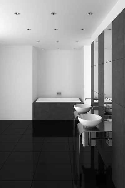 Nowoczesną łazienkę z podwójną umywalką i czarny podłogi — Zdjęcie stockowe