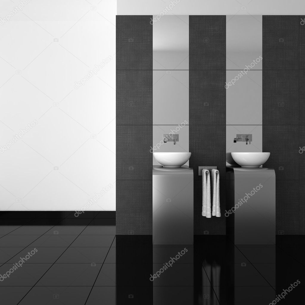 Modern bathroom with double basin and black floor