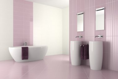 Çift lavabo ve küvet mor modern banyo