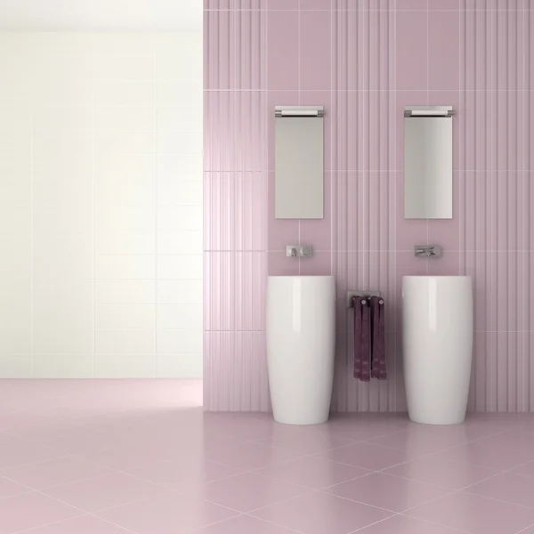 Lila modernt badrum med dubbla handfat — Stockfoto