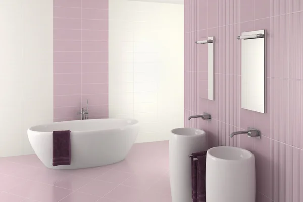 Baño moderno púrpura con doble lavabo y bañera — Foto de Stock