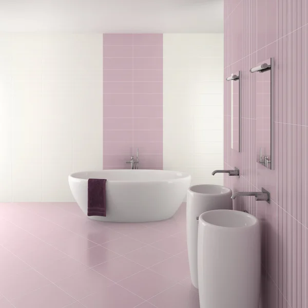 Paars moderne badkamer met dubbele wastafel en bad — Stockfoto