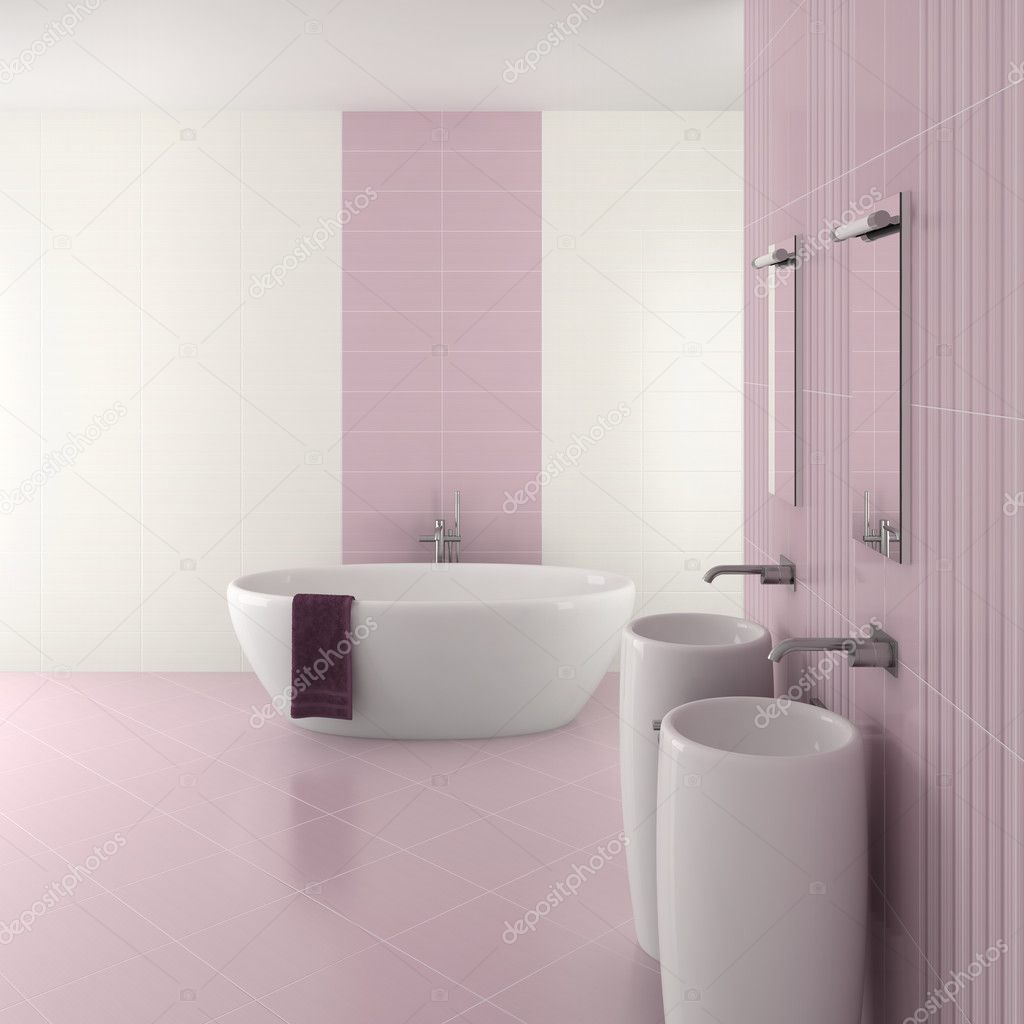 Purple modern bathroom with double basin and bathtub