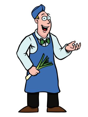 Greengrocer with leek showing something clipart