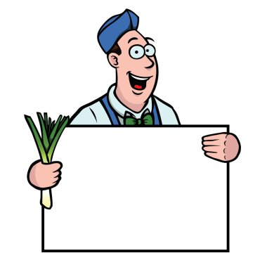 Greengrocer with leek and sign clipart