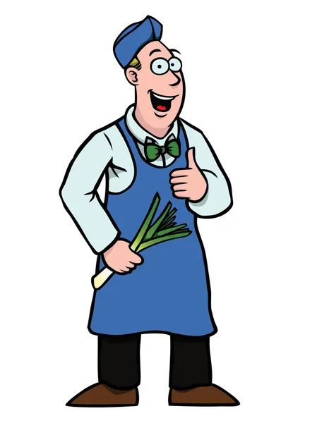Greengrocer with leek and his thumbs up — Stockvector