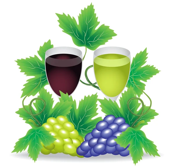 Vasos de uvas de vino tinto y blanco en las ramas de fondo — Archivo Imágenes Vectoriales