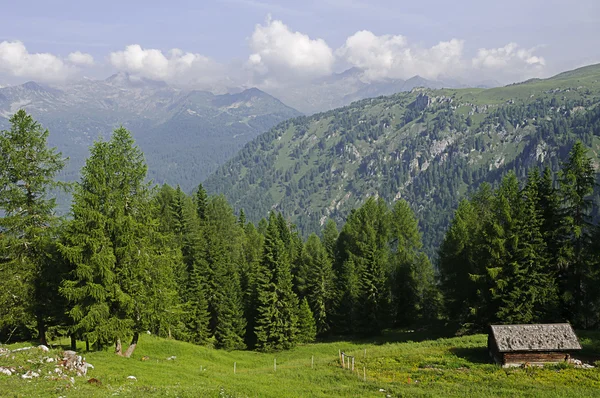 Trä stuga i italienska Dolomiterna — Stockfoto