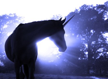 Image of a magical unicorn against hazy sunrise with sun rays clipart