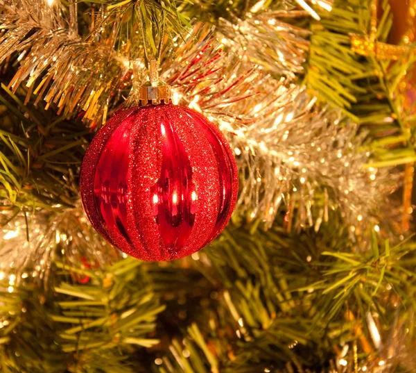 Красный рождественский бобель висит на елке — стоковое фото