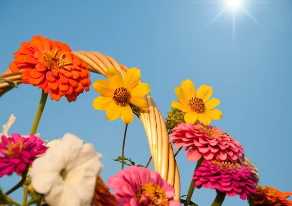 Färgglada blommor i en flätad korg — Stockfoto