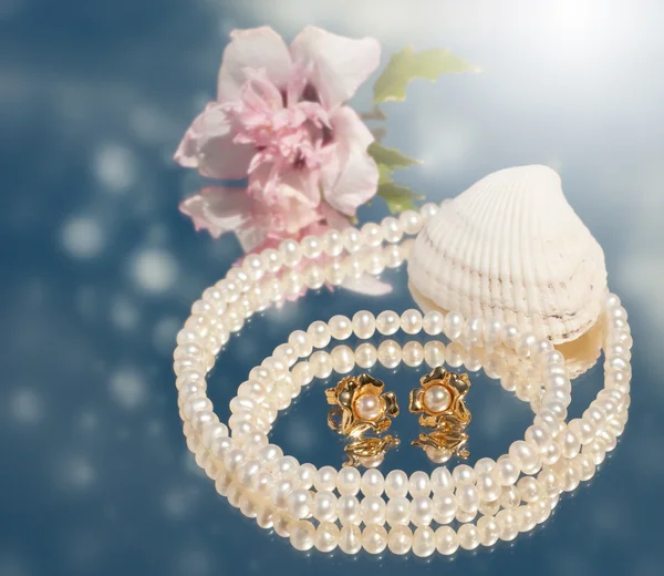 Dreamy image of golden pearl earrings with pearl necklace — Stock Photo, Image