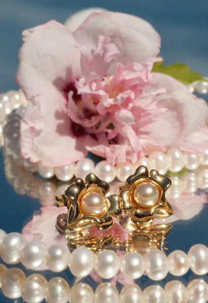 Orecchini di perle con collana di perle e un fiore di ibisco — Foto Stock