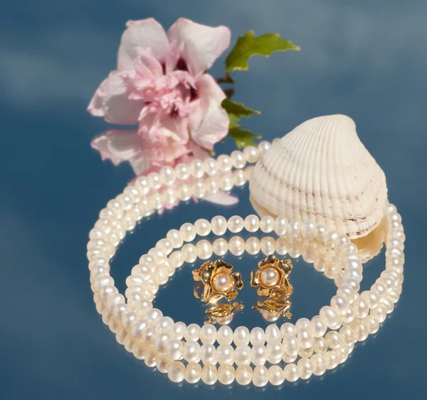 Deux boucles d'oreilles en perles dorées à l'intérieur d'un collier de perles — Photo