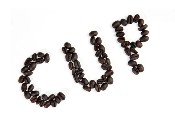Tazza di caffè - tazza di parola scritta con chicchi di caffè — Foto Stock
